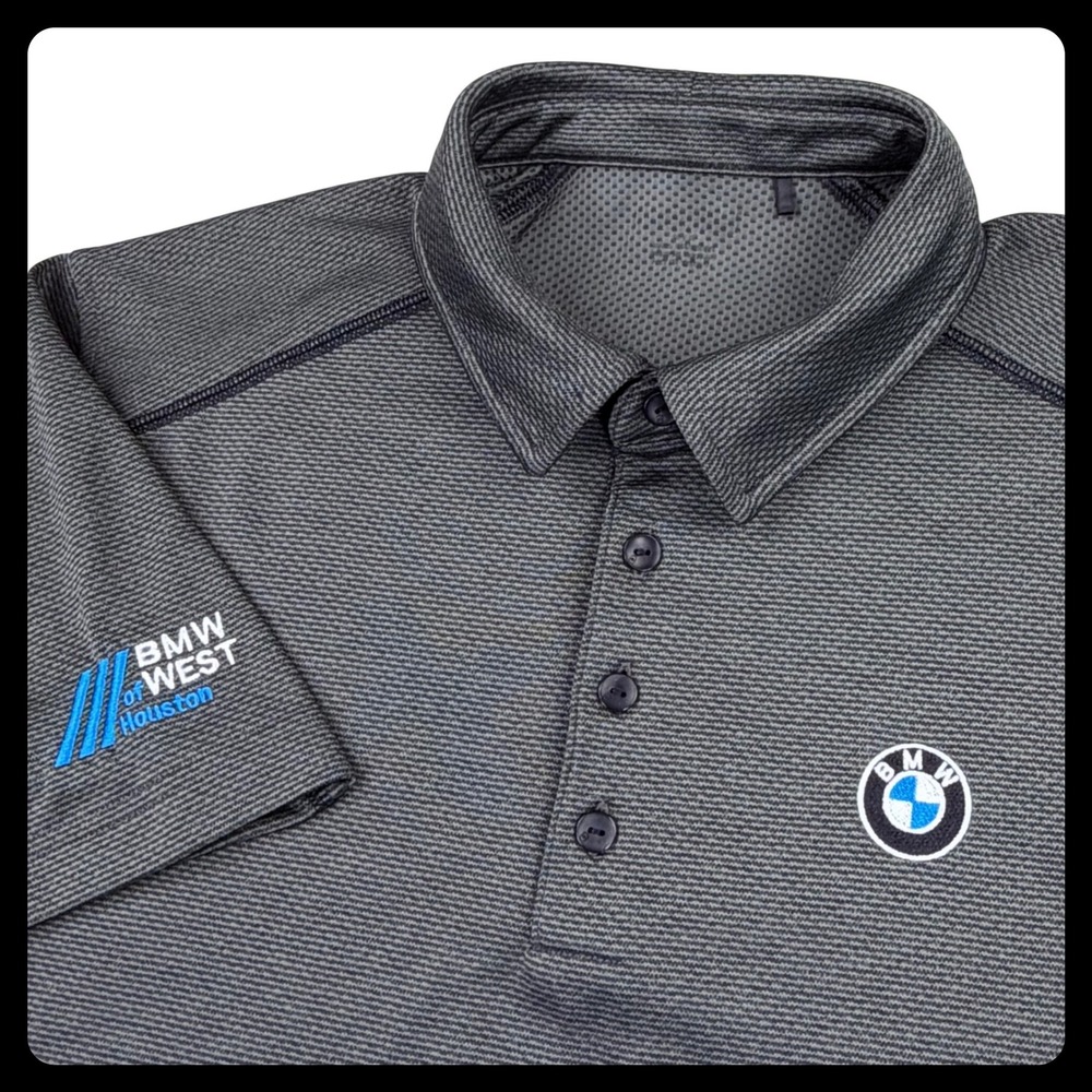 OGIO BMW West Houston‎ Polo Shirt Men Medium Gray Micro Stripes Performance